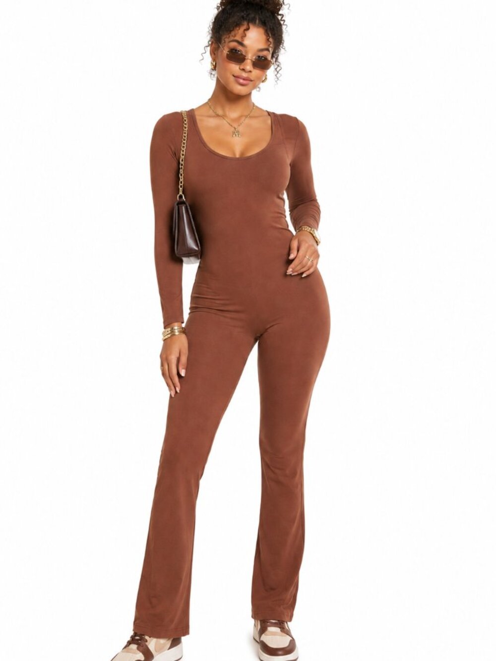 Brown Long Sleeve Flare Leg Jumpsuit Bodysuit Y2K Minimalist Lounge One Piece